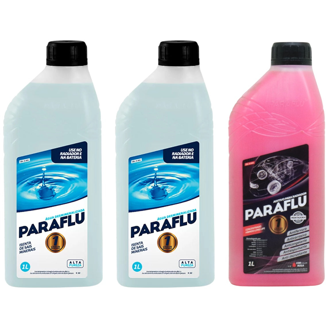 Kit 3 Litros com 1L Aditivo Radiador Rosa + 2L Água - Paraflu - 10-3031/10-3054 - (1)