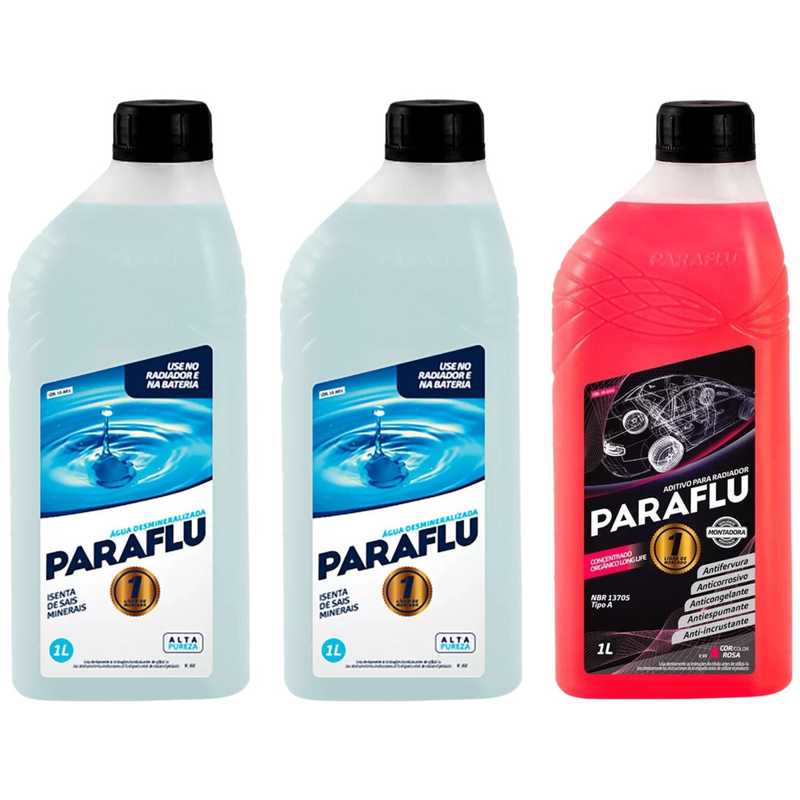 Kit 3 Litros com 1L Aditivo Radiador Paraflu Rosa Montadora Orgânico + 2L Água - (1)