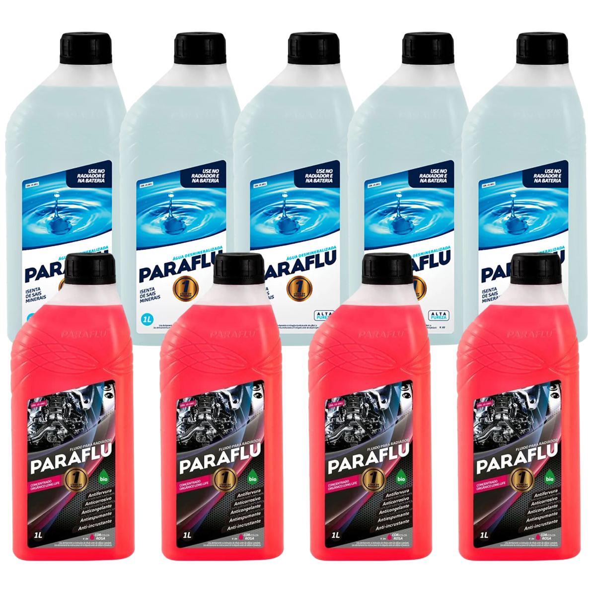 Kit 9 Litros com 4L Aditivo Radiador Paraflu Rosa Bio Orgânico + 5L Água - (1)