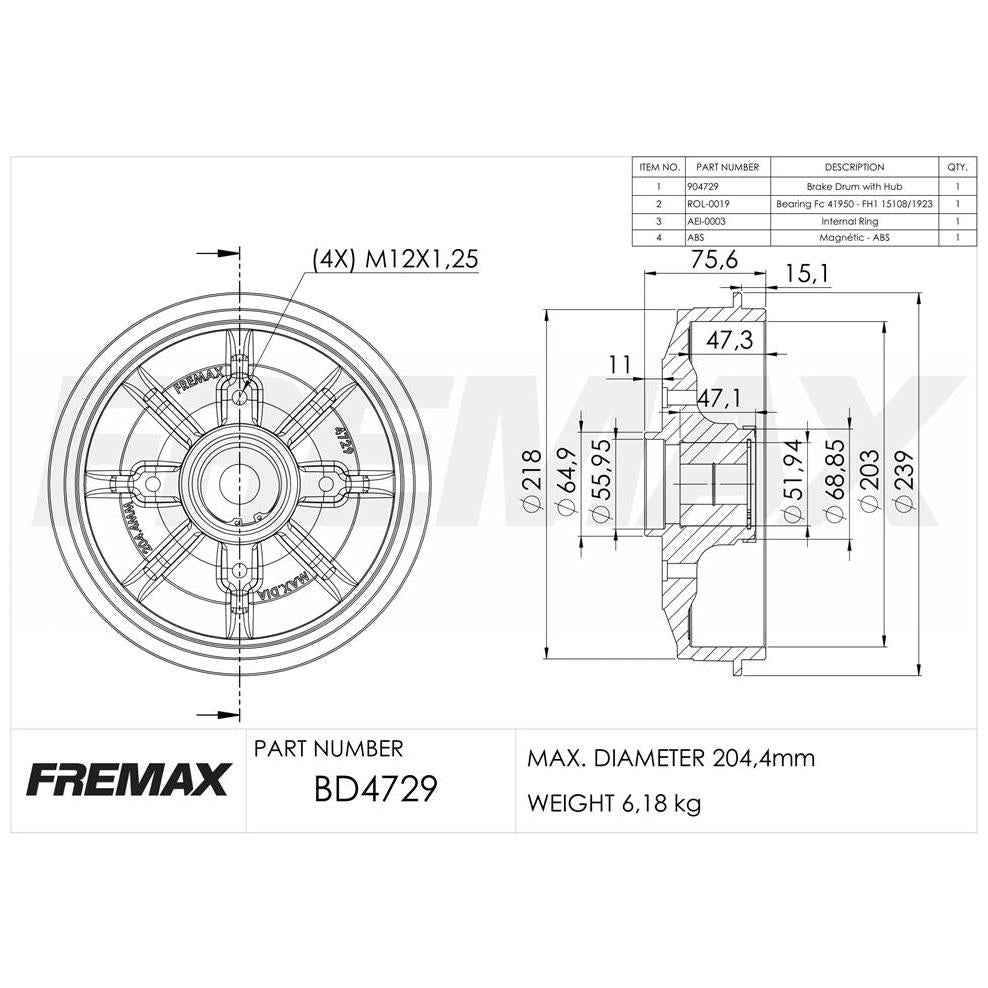 Par de Tambor de Freio Traseiro - Fremax - BD4729KT - (2)
