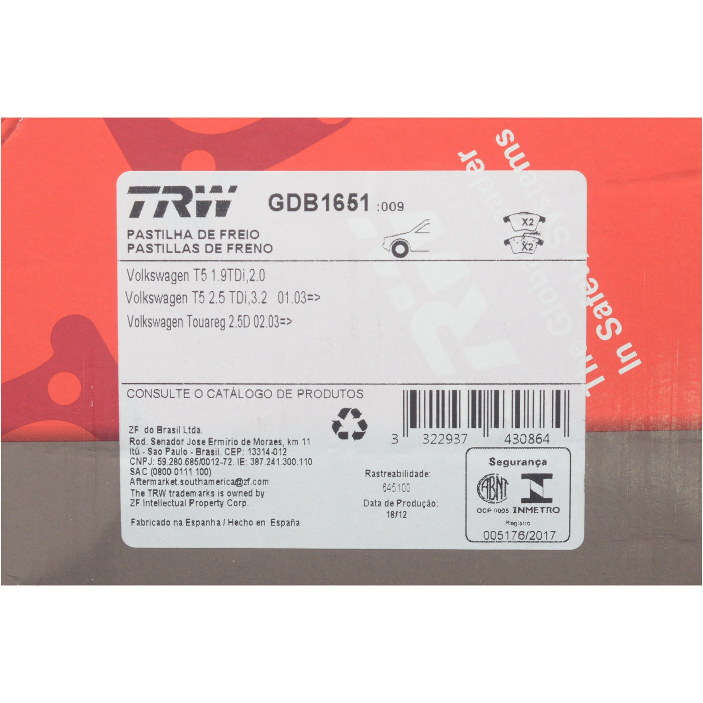 Pastilhas Freio Dianteira Antirruído com Sensor - TRW - GDB1651 - (9)