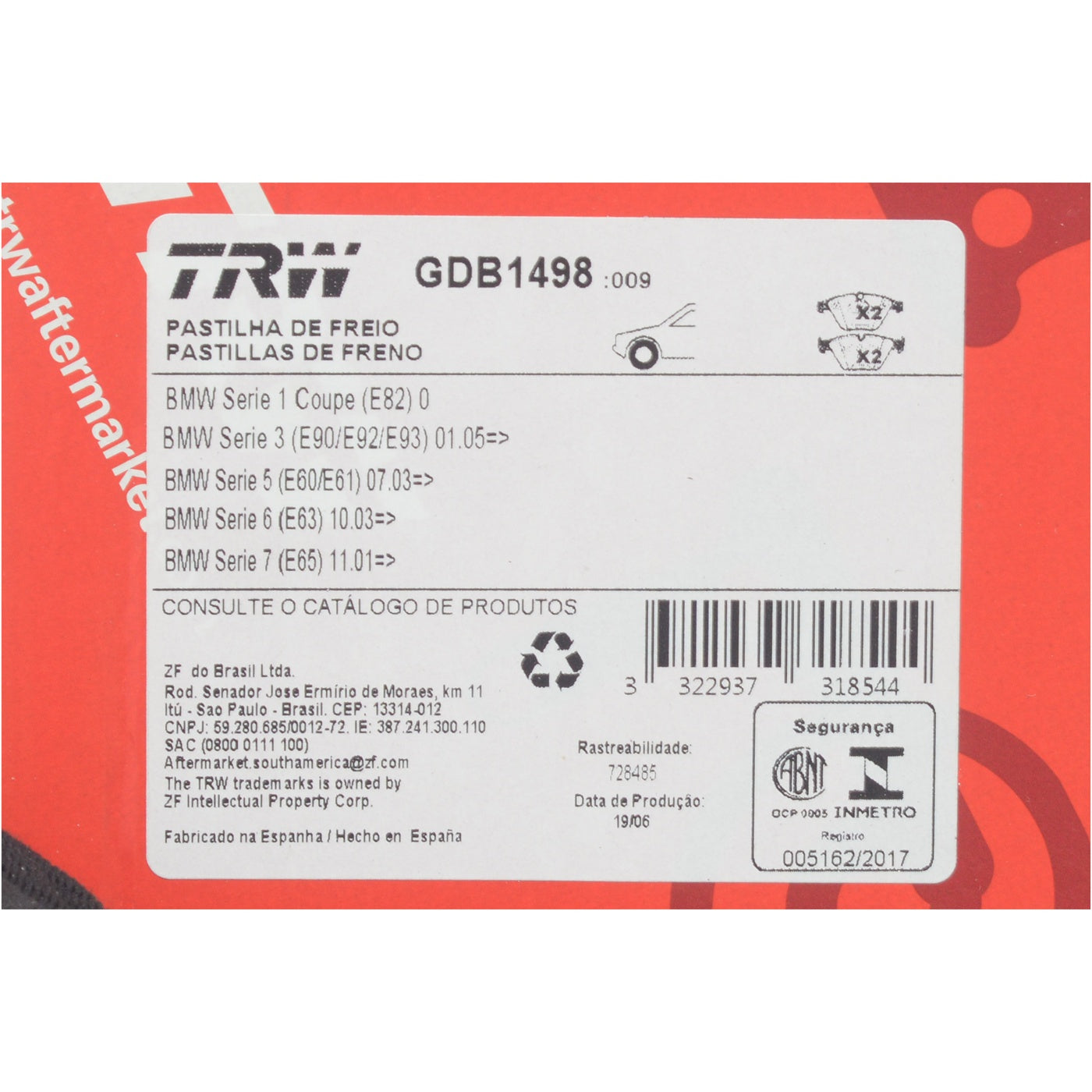 Pastilhas Freio Dianteira Antirruído Cotec - TRW - GDB1498 - (10)