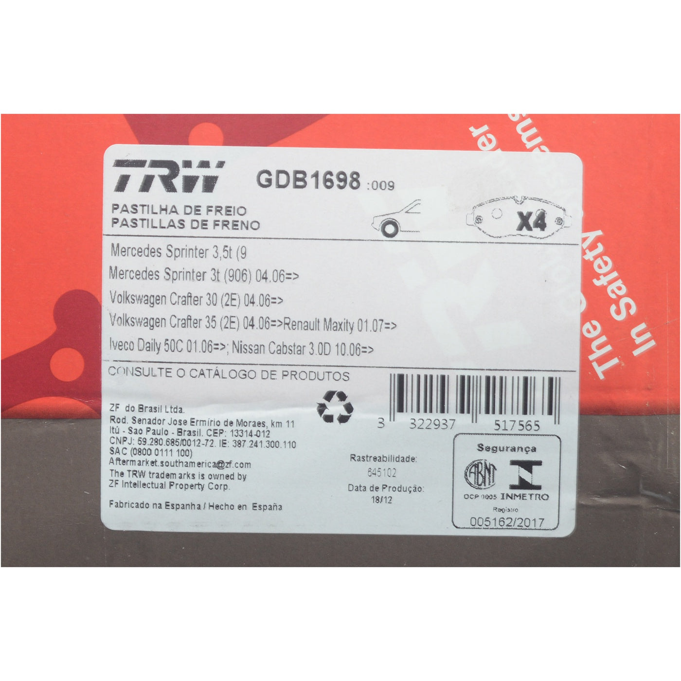Pastilhas Freio Dianteira Antirruído Cotec - TRW - GDB1698 - (10)