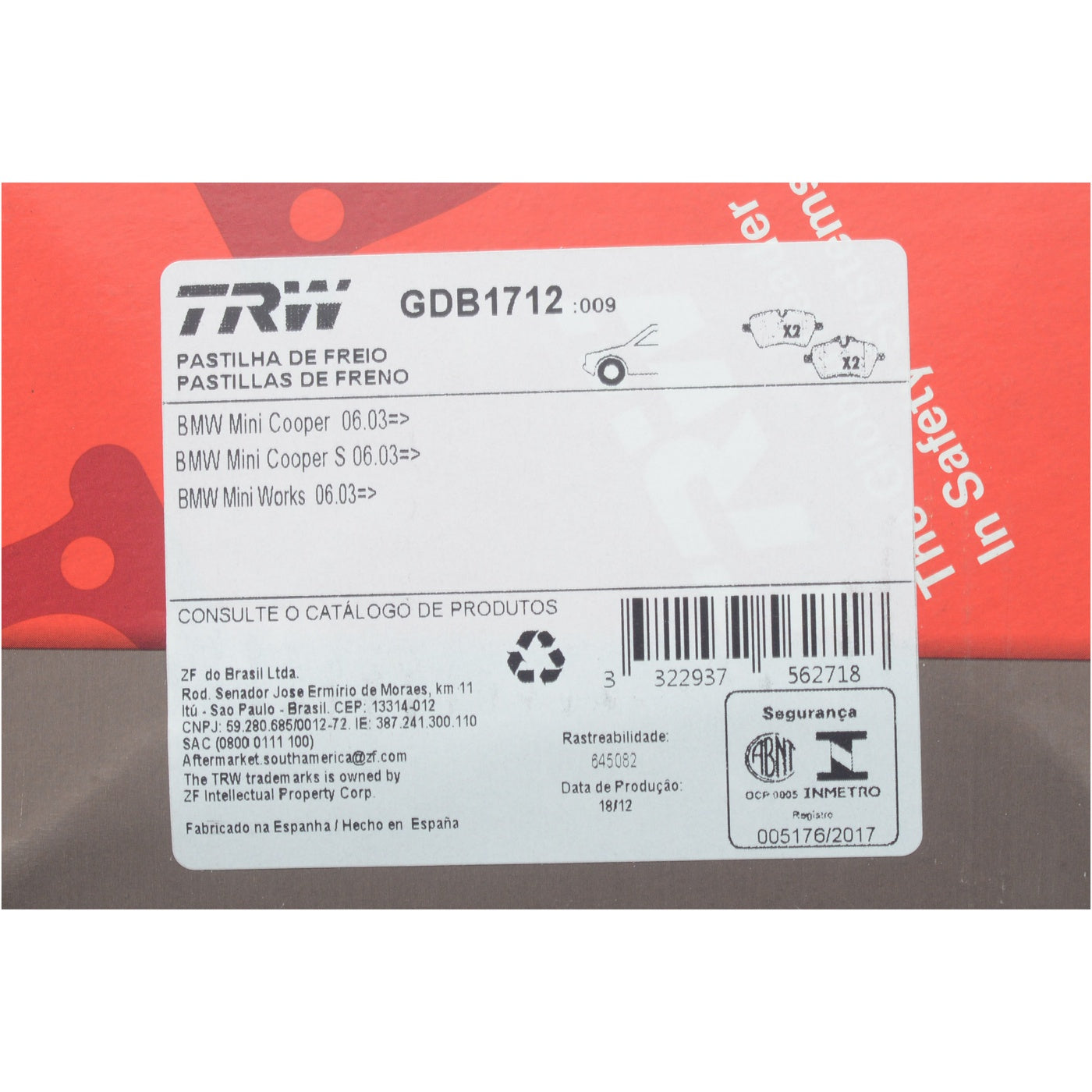 Pastilhas Freio Dianteira Antirruído Cotec - TRW - GDB1712 - (10)