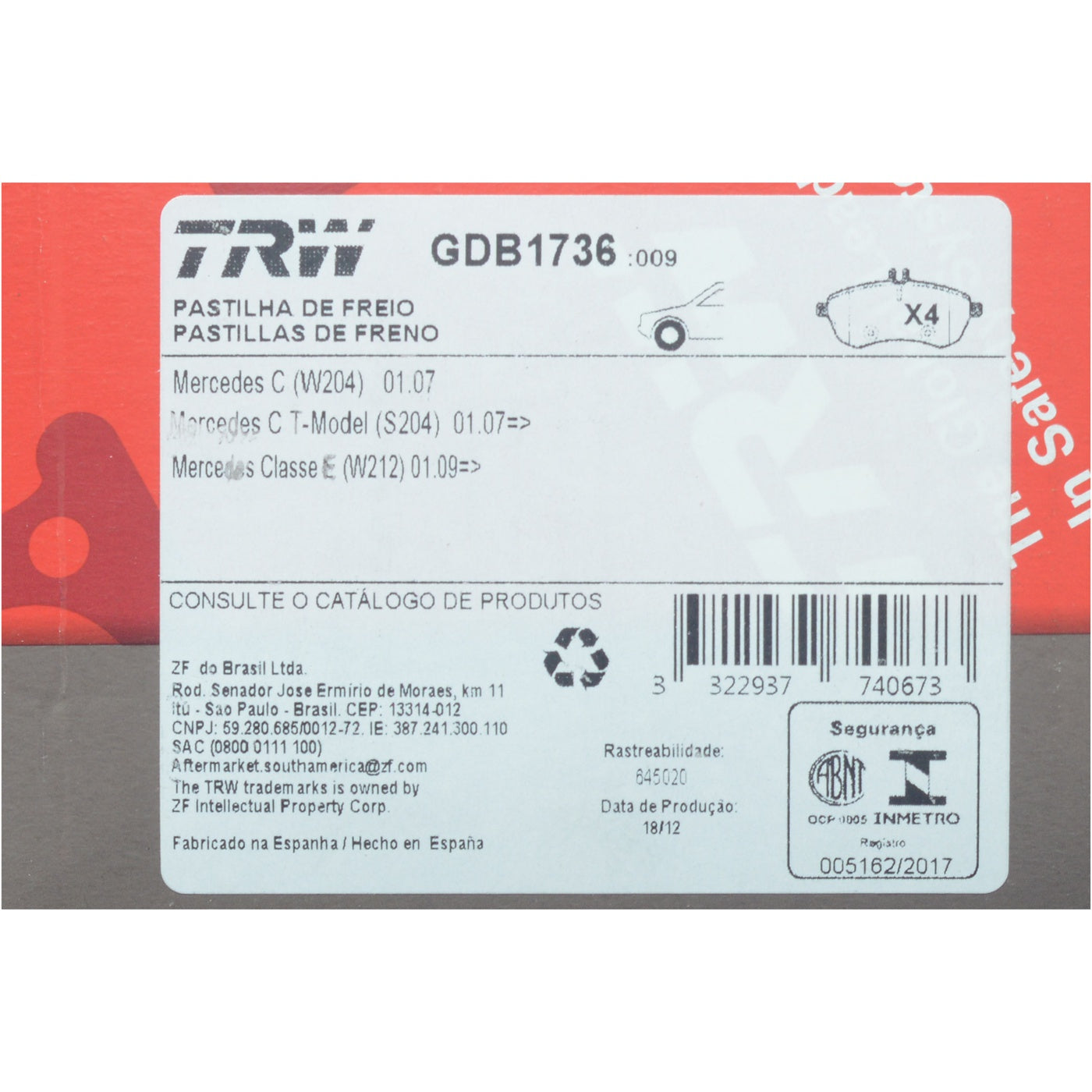 Pastilhas Freio Dianteira Antirruído Cotec - TRW - GDB1736 - (10)