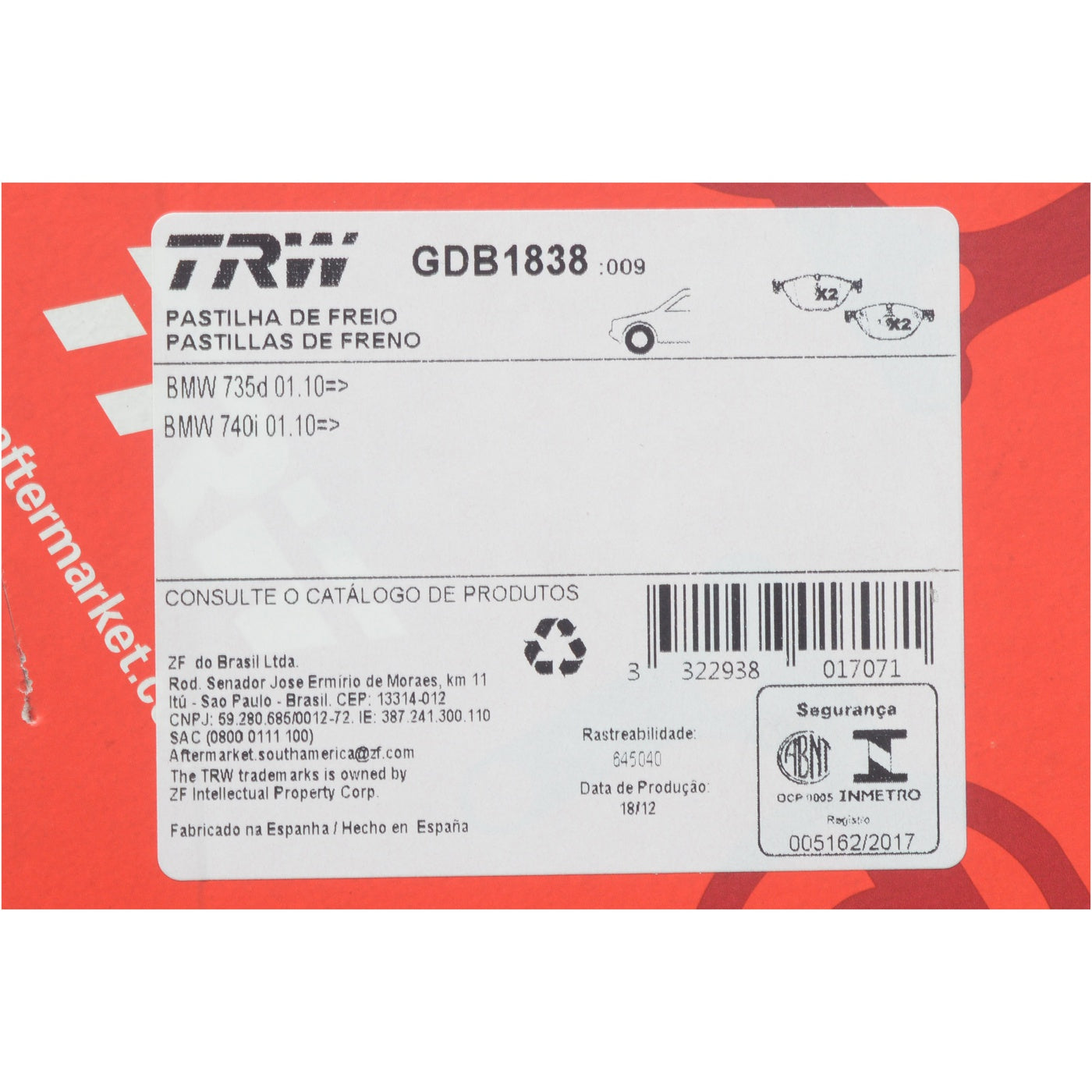 Pastilhas Freio Dianteira Antirruído Cotec - TRW - GDB1838 - (10)