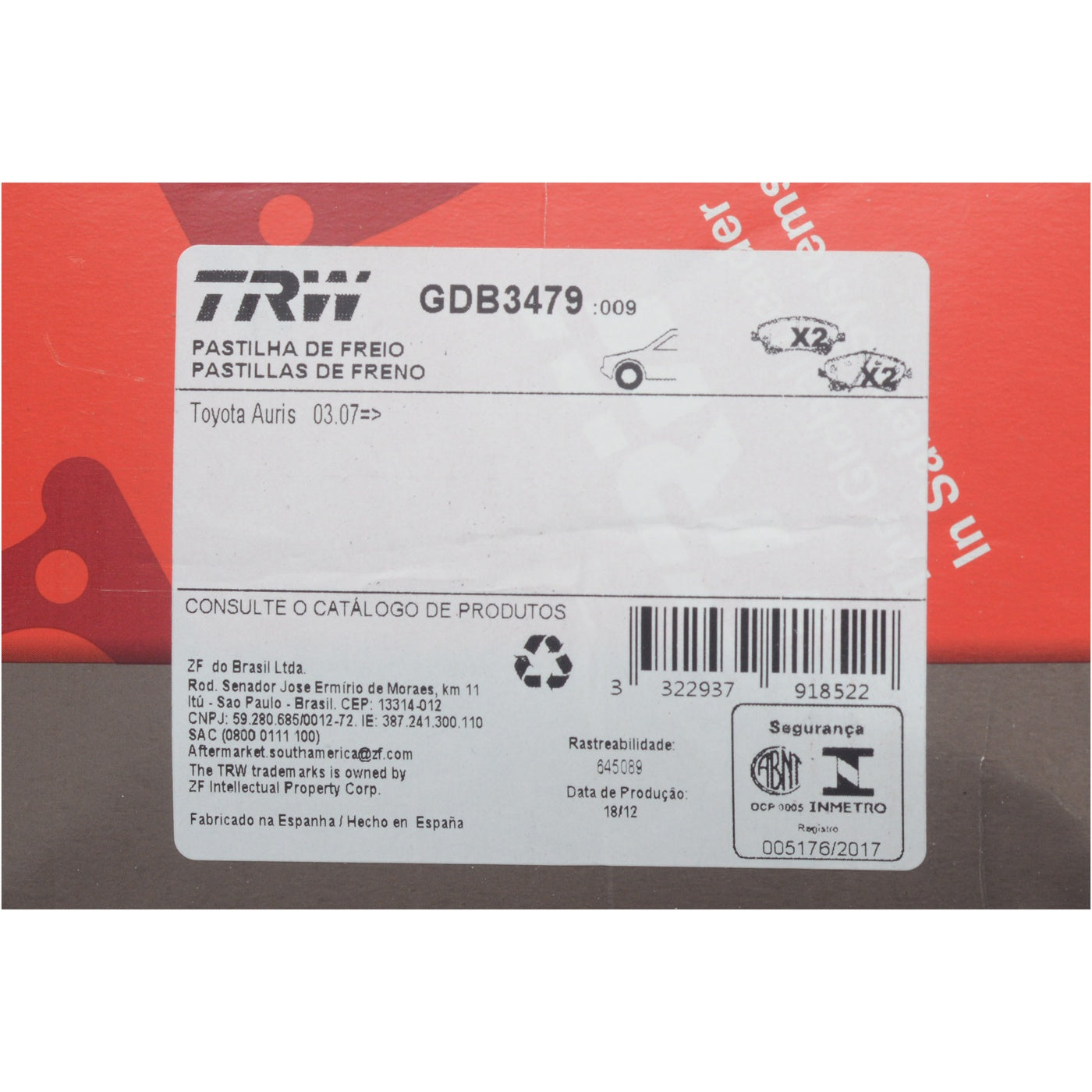 Pastilhas Freio Dianteira Antirruído Cotec - TRW - GDB3479 - (10)